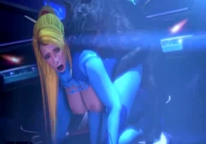 Samus from Metroid is having sex in space with a dog